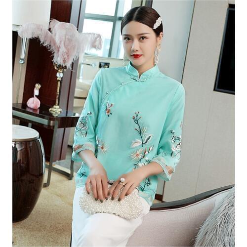 New autumn big size vintage Chinese Tang traditional flower embroidered Pan buckle short organza jacket outerwear for women