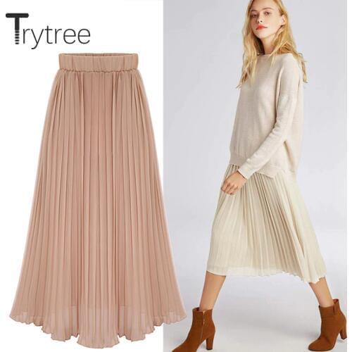 Trytree Summer Autumn Pleated Skirt Womens Polyester 4 colours Solid Skirt Mid-Calf Skirts Elastic Waist A-Line Skirt Female