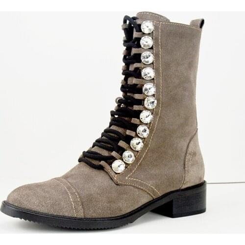 Fashion Designer Cow leather Crystal Eyelet Martin Boots Woman Rhinestone Ankle Boots Low square heel zipper Motorcycle boots