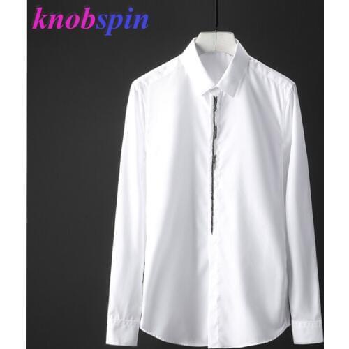 Handmade Beading Long Sleeve Slim Men Shirt 2019 Solid Casual Chemise homme Brand quality Pure Cotton Business male Dress Shirts