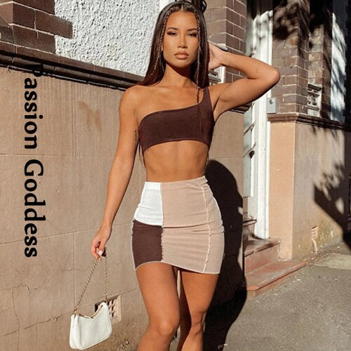 Sexy Cute Women 2 Piece Patchwork Crop Tops Skirts Reverse Sets One Shoulder Tanks High Waist Bodycon Skirts Two Piece Outfits