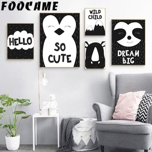 FOOCAME Cow Penguin Fores Cartoon Poster Wall Art Canvas Painting Black and White Baby Nursery Room Print Decoration Pictures