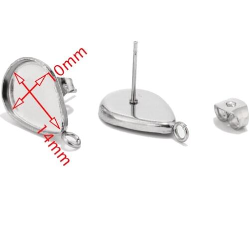 50pcs Earrings Post Stainless Steel Findings 10x14mm Drop Glass Cameo Cabochon Settings stud Earrings DIY for Earring Making