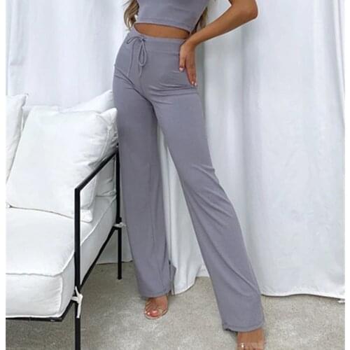 Knit Drawstring Trouser Solid Color High Waist Straight-Leg Pant Y2K Women Loose Casual Long Close Fitting Breathable Streetwear