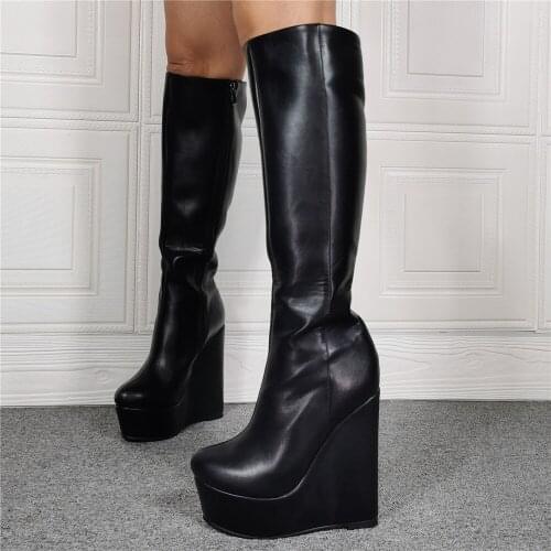 2022 Large Size 19 20 Sexy Ladies Knee High Black Boots Platform Leather Round Toe Gothic Wedges Thick Bottom Winter Shoes Woman