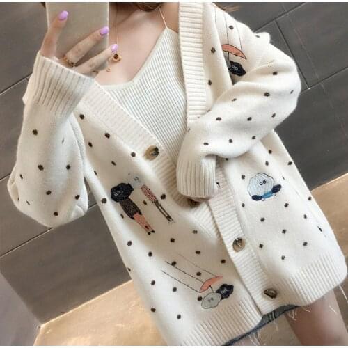 Women Sweaters Cardigan V-Neck Embroidery Outerwear Sweater 2021 Autumn Winter Knitted Cartoon Female Buttons Korean Streetwear