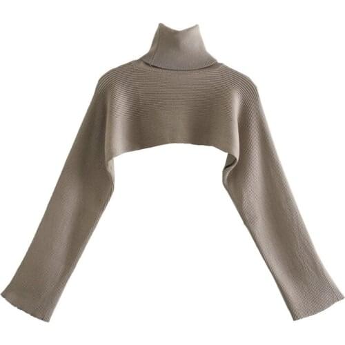 Evfer Women Casual Knitted Pullover Za Autumn Turtleneck Tops Ladies Fashion Long Sleeve Coffee Color Loose Short Sweaters Chic