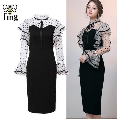 Tingfly Office Lady Polka Dot Bodycon Work Dress Ruffles Long Sleeve Skinny Dress Spring Workwear Casual Women Elegant Dresses