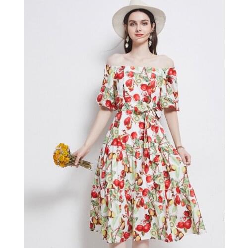 Menahem Off Shoulder Slash Neck Puff Sleeve Women Dress Summer High Waist Backless Tropical Fruit Print Elegant Lace-Up Dress