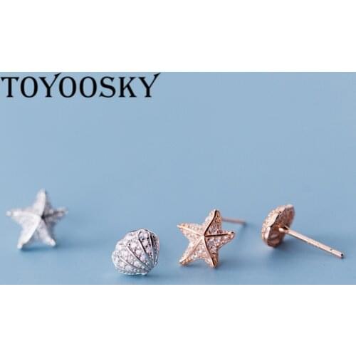 100% 925 Sterling Silver Asymmetric Starfish Shell Stud Earrings Jewelry Accessories Girls Simple Zirconia Earring Brincos