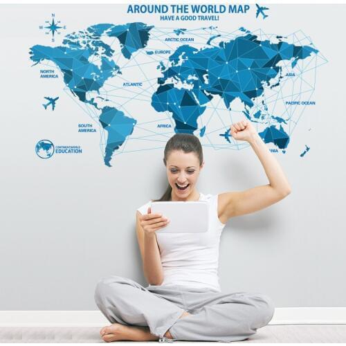 100x55cm Blue World Map Wall Stickers Creative Map of The World Home Decor for Kids Room Lovely Travel Wall Decals for Bedroom