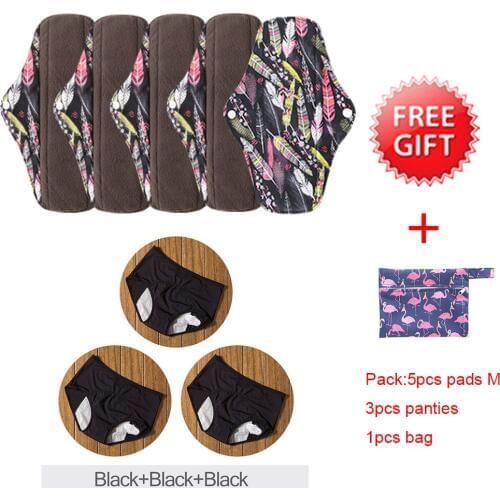 5PCS Panty Liner Cloth Menstrual Pad Mama Sanitary Reusable Soft Washable Charcoal Period Napkins Size M with 3pcs Panties+1bag