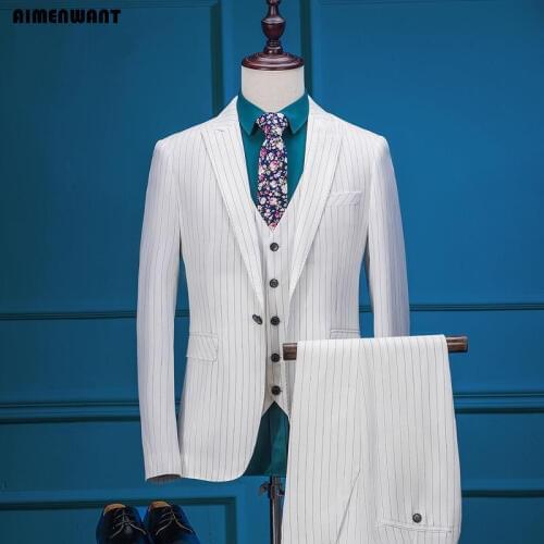AIMENWANT Tailor Made Mens Suit 3 Piece Europe Gentle Man White Striped Suits Groomsman Wedding Blazer Customize Size Suit Sets