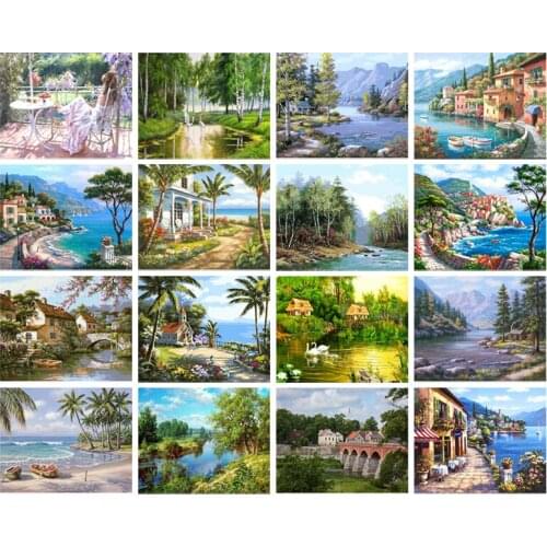 DIY Diamond Painting Country Landscape Seaside Town Diamond Sticker Embroidery Natural Landscape Wall Art Decor Mural No Frame