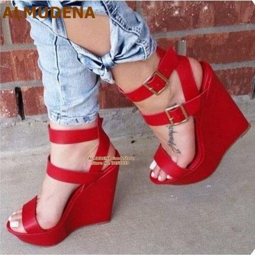 ALMUDENA Red Matte Leather Wedged Heel Sandals Women Elegant Platform Bride Shoes Open Toe Buckle Strap Gladiator Pumps Size46