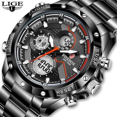 2021 LIGE Mens Watches Silicone Strap 30M Waterproof Watch For Men Top Brand Luxury Dual Display Quartz Alarm Digital Clock