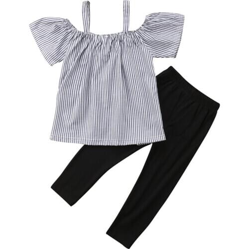 1-6Y Toddler Baby Girls Clothes Off-shoulder Short Sleeve Striped Tops T-Shirt+Long Outfits Cute Baby Girls 2pcs Sets