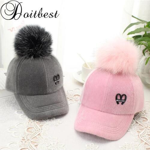 Doitbest Parent-child caps Child Hip Hop Baseball Cap Wool fake fur hair ball kids Winter Hat Boys Girls solid snapback Caps