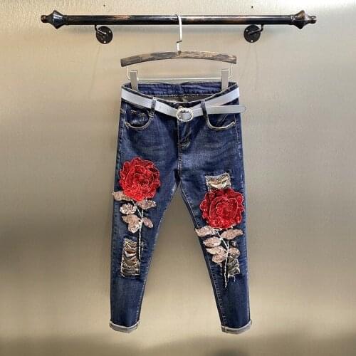 High Waist Jeans Office Lady Spring Autumn Sequins Embroidery Flowers Ripped Holes Pencil Pant Straight Trouser Women Streetwear