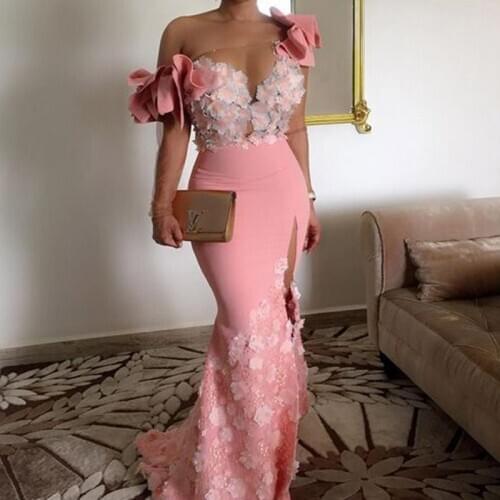 Elegant Floral African Evening Gowns Long Sleeves One Shoulder Pink Mermaid Arabic Prom Dresses Dubai Side Slit Robe De Soiree