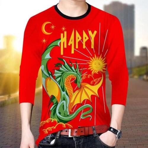 The latest mens long-sleeved T-shirt at the end of 2020, casual loose round neck peacock print bottoming shirt