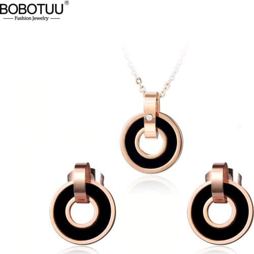 BOBOTUU Black/Pink Acrylic Double Circle Earrings Necklace Sets Rose Gold Stainless Steel Wedding Set Jewelry For Women BSE006