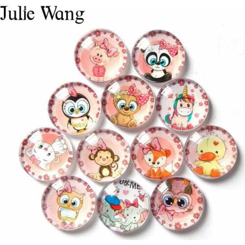 Julie Wang 8-30mm Glass Cartoon Animals Cabochons Round Photo Random Mixed Demo Fat Back Jewelry Making Accessory findings