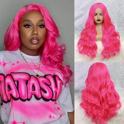 Hot Pink Wig Glueless Synthetic Lace Front Wig Loose Wave Heat Resistant 24 Inch Drag Queen Cosplay Wigs For Black Women OLEY