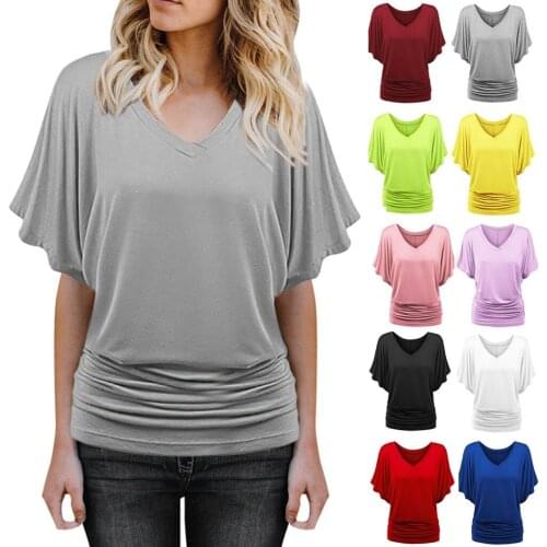 Fashion Women Plus Size Solid V-neck Batwing Sleeve Fold Hem Loose Top T-shirt Sexy Slim Fashion Футболки С Коротким Рукавом #G2