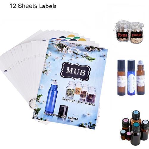 MUB - 12 Sheets Bottle Labels Waterproof Essential Oils Bottle Stickers A Variety of Written Labels Storage Jars Stickers Book