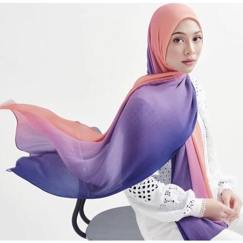 Muslim Fashion Ombre Crinkle Chiffon Hijab Scarf Female Autumn Gradient Pleated Chiffon Scarves Long Wrinkle Islamic Bandana Cap