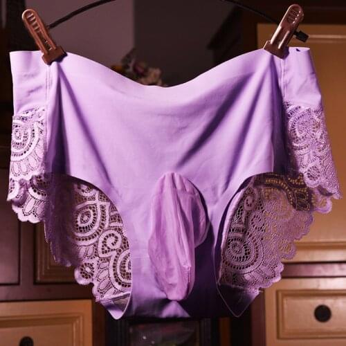 New Sexy Men silk Seamless Lace Briefs Tight Low waist Gay thong High elasticity Penis Pouch Opened Sleeve Large size underwear