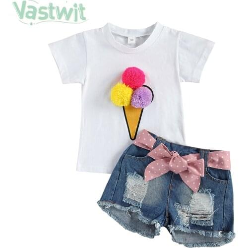 Toddler Kids Baby Girls Clothes Outfit Short Sleeve 3D Pompom T-Shirts Tops+Belted Bowknot Ribbed Denim Shorts 2Pcs Summer Sets
