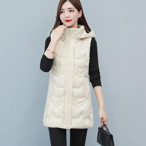 Autumn Winter Vest women mid-long slim solid long zipper hooded waistcoat vest Autumn sleeveless cotton padded Waistcoat Vest