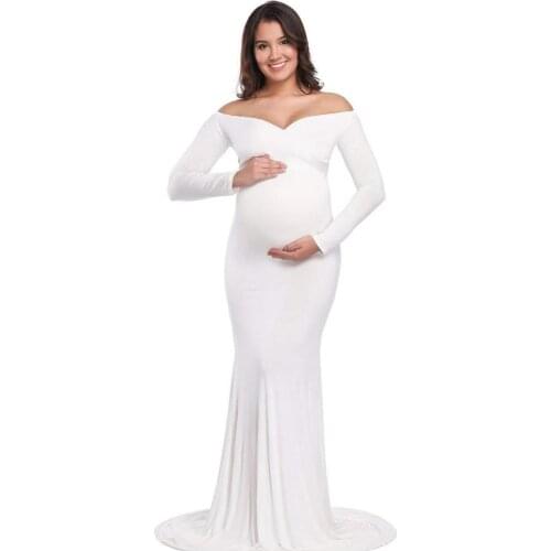 Fall Maternity Elegant Fitted Gown pregnant photo shoot clothing Long Sleeve V Neck Ruched Slim Fit Maxi pregnant Long Dress