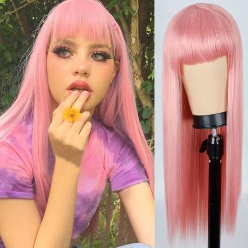Pink Brown Gray Long Straight Hair With Bangs Heat Resistant Synthetic Hair Wigs Ombre Color Two Tone Cosplay Wigs For Women
