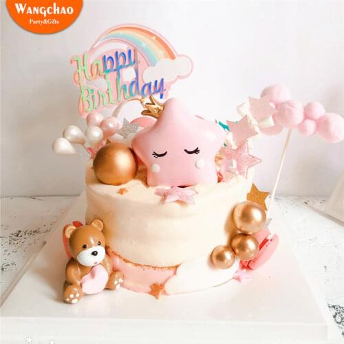Rainbow Clouds Resin Crown Star Bear Happy Birthday Cake Topper Kids Favors Party Supplies Cute Cake Decoration Baby Shower