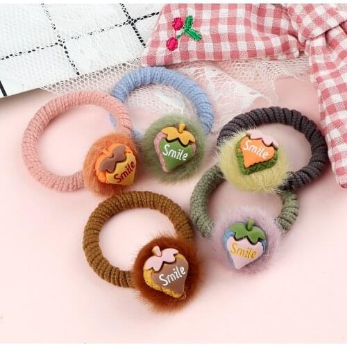 Cute Hair Ball Strawberry Elastic Hair Bands Female Rubber Band Color Block Hair Accessories Candy Cartoon Kids Girls Scrunchies