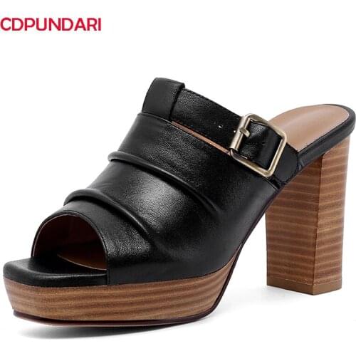 Black Genuine Leather Peep Toe Super High Heels Platform Sandals Women Summer Casual Shoes Sandales Femmes 2021 Sandalias Mujer