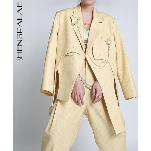 SHENGPALAE Temperament Striped Irregular Blazer Autumn 2021 New Notched Loose Double Button Split Long Sleeve Suit Jcaket 5E2738