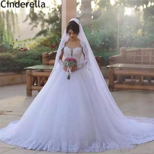 Wedding Dresses Long Sleeves Scoop A-Line Sweep Train Tulle Lace Wedding Dresses Lace Up Back Bridal Gowns vestido de noiva