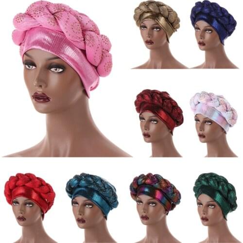 Latest Aso Oke Auto Gele Headtie Women Turban Cap with Braids Muslim Head Scarf Bonnet Ladies Head Wraps Diamonds Turbante Mujer
