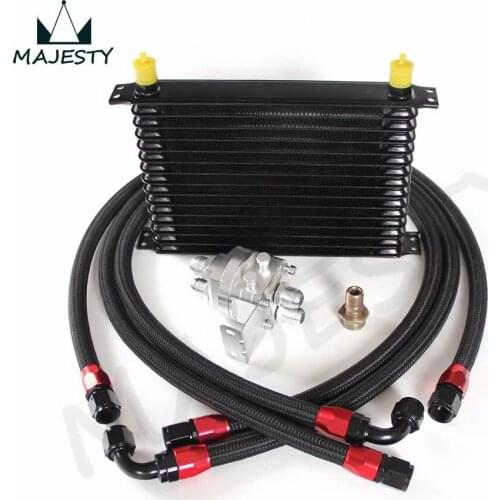 UNIVERSAL 15 ROW AN-10AN UNIVERSAL ENGINE TRANSMISSION OIL COOLER KIT 15 ROWS TRUST TYPE BLACK + FILTER RELOCATION KIT SILVER