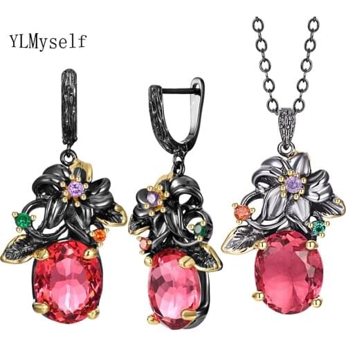 Flower Leaf Vintage Necklace/Earrings 2pcs Set With Big Oval Fuchsia Zircon Jewelry Trendy Jewellery for Women