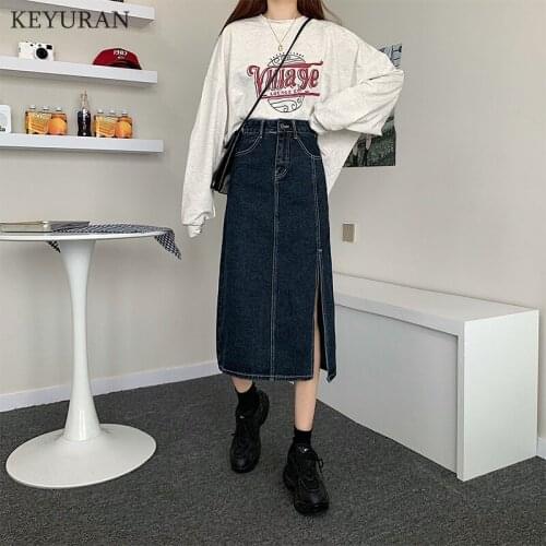 Vintage Skirts Women Ripped French Summer Sexy Split Denim Skirt Female Long High Waist Skirt Sexy Split Maxi Skirt Jeans Ladies