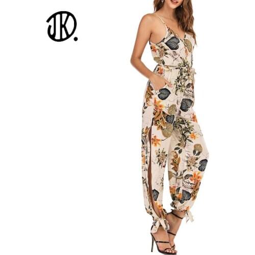 Female Casual Sling Sleeveless Floral Printed Baggy Trouser Sexy V-neck Overalls Pants One Piece Summer Rompers Female Bodysuit