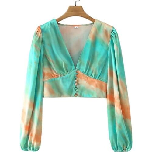 YENKYE New Women Vintage Tie Dye Crop Top Sexy V Neck Long Sleeve Button Satin Blouse Fashion Summer Tops