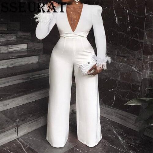 SSEURAT Women Jumpsuit Feather Solid Mesh Patchwork Wide Leg Rompers Ladies Fashion Sexy Party Jumpsuits