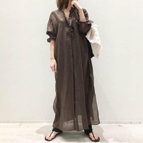 Dress 3/4 Sleeve Maxi Length Ladies Fashion Dressing Mid Waist A Line Dresses Shirt Style Single Breasted Loose Coffee Color