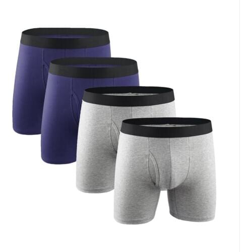 4 Pack Mens Boxer Briefs Good Performance Long Underpants Fly Front with Pouch Cotton Underwear